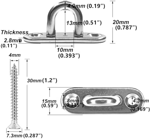 8Pcs 304 Stainless Steel Pad Eye and Snap Hooks with Screws Anchors