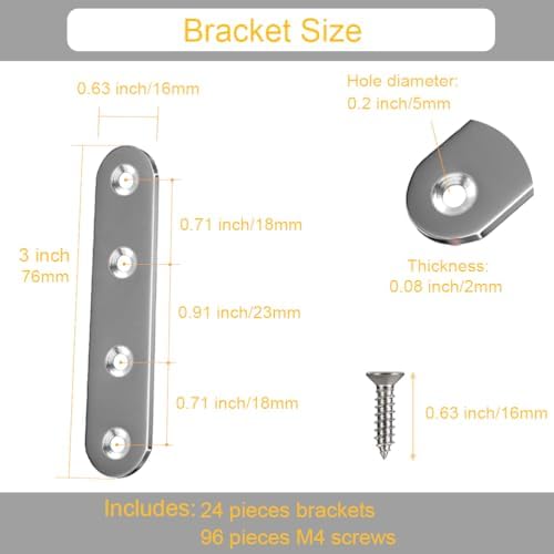 24 Pack Stainless Steel Straight Brackets with Screws
