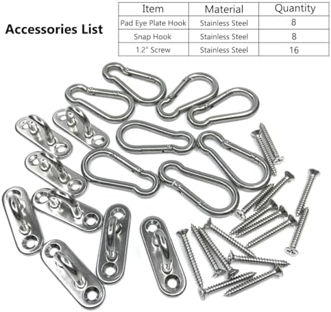 8Pcs 304 Stainless Steel Pad Eye and Snap Hooks with Screws Anchors