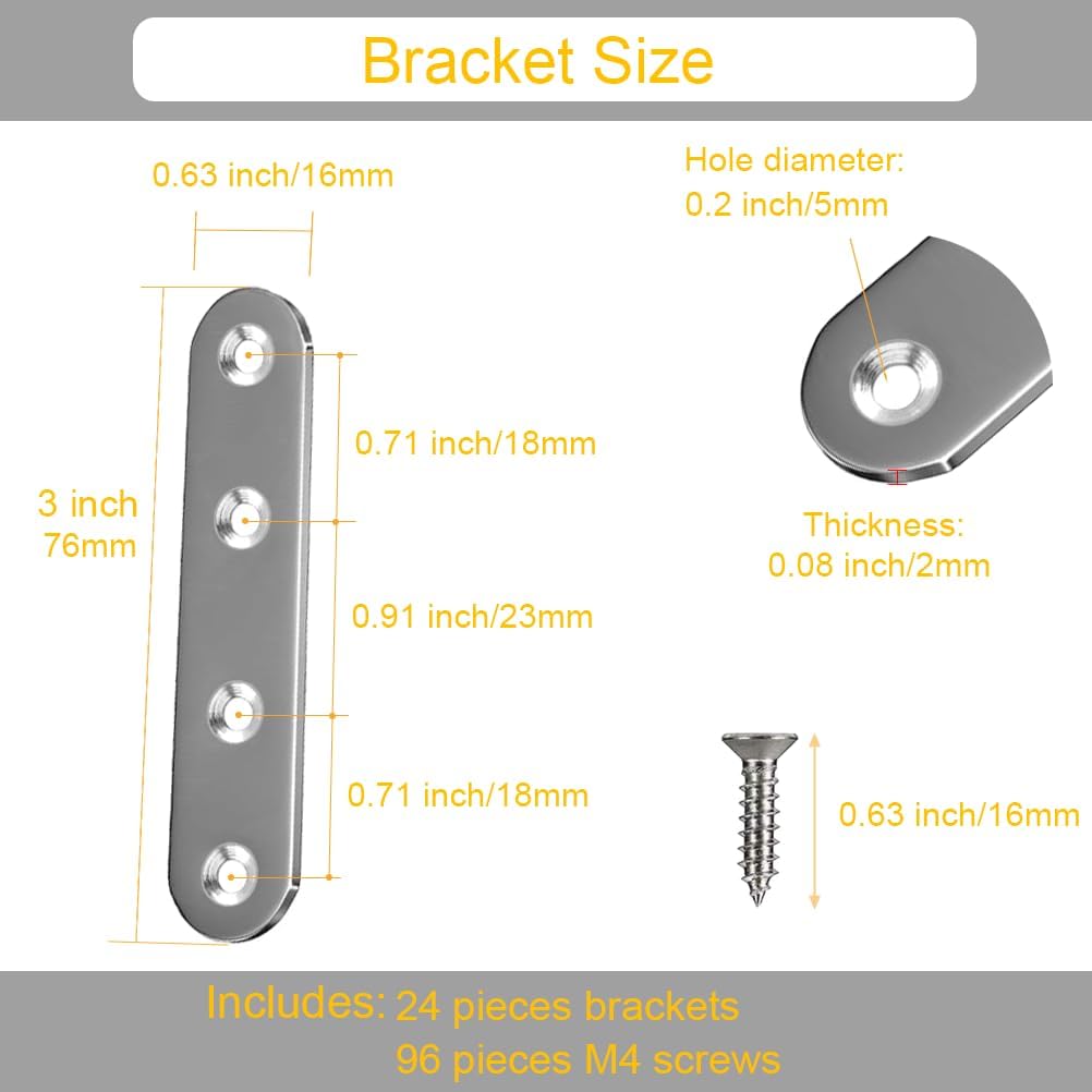 24 Pack Stainless Steel Straight Brackets with Screws