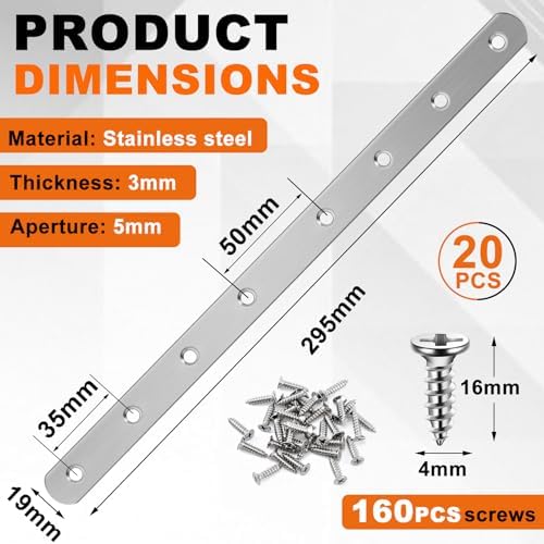Zonon 20-Piece Flat Mending Plate Set Stainless Steel Durable Rust-Resistant