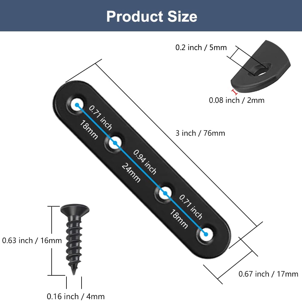 24Pcs Black Stainless Steel Flat Brace Plates with Screws