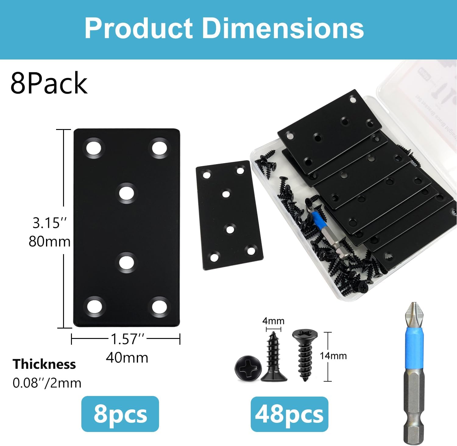 QSJ 8-Pack Stainless Steel Flat Mending Plate for Wood Furniture