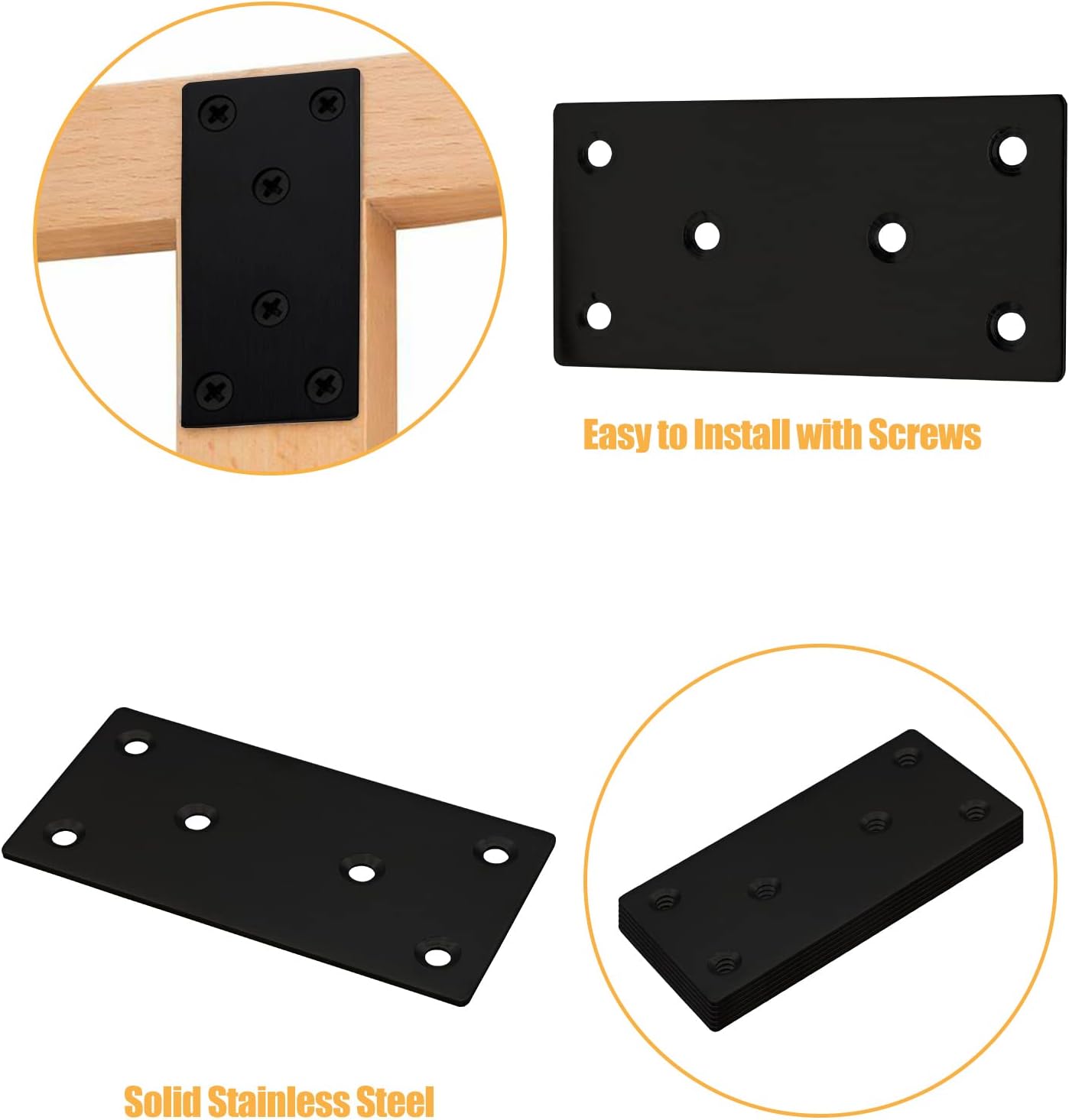 4-Piece Stainless Steel Flat Straight Brace Bracket Black for Wood Fixtures