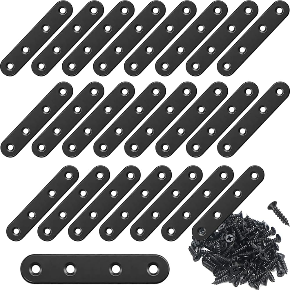 24Pcs Black Stainless Steel Flat Brace Plates with Screws