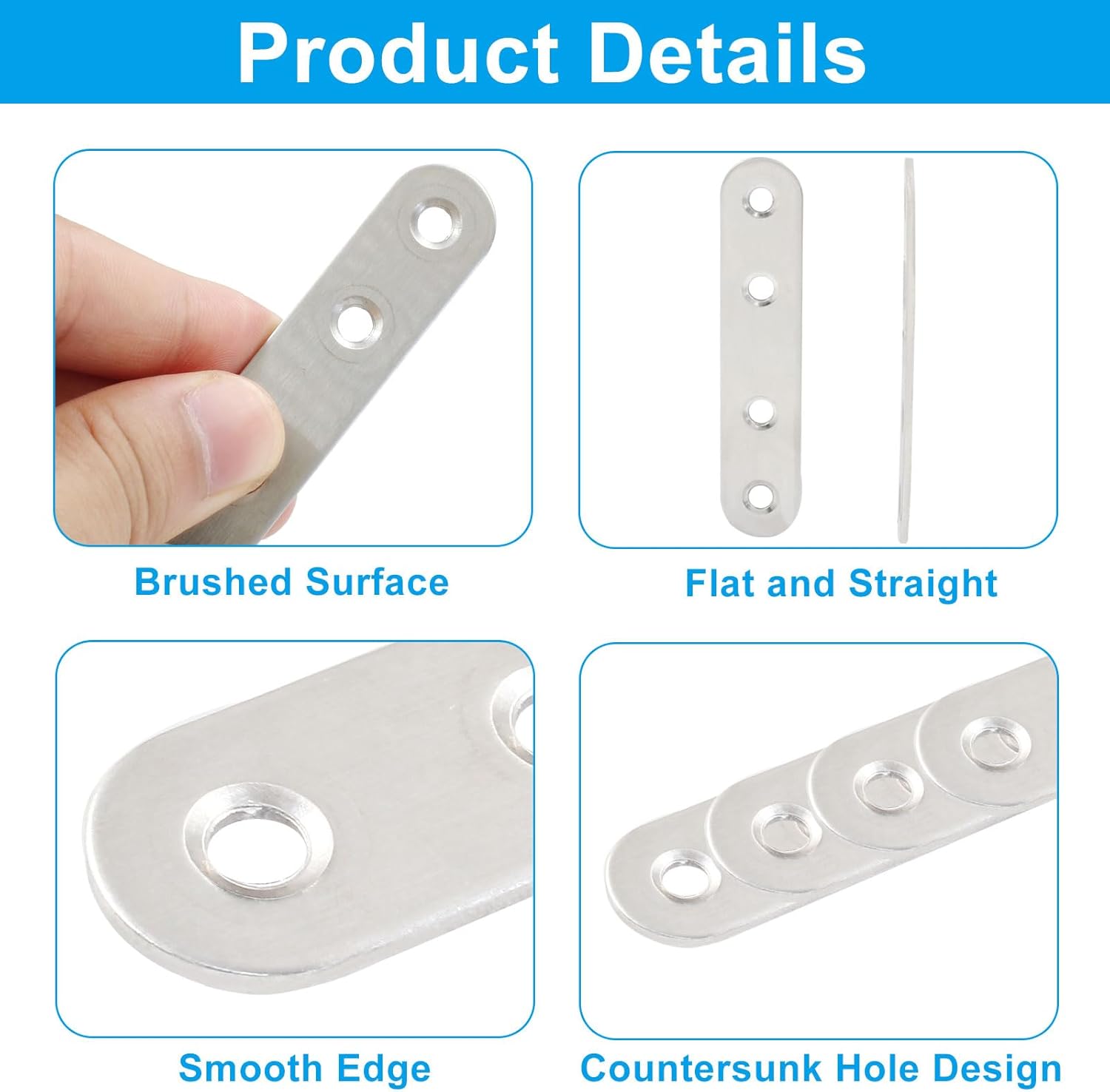 16-Piece 3-Inch Stainless Steel Straight Bracket for Furniture Repair