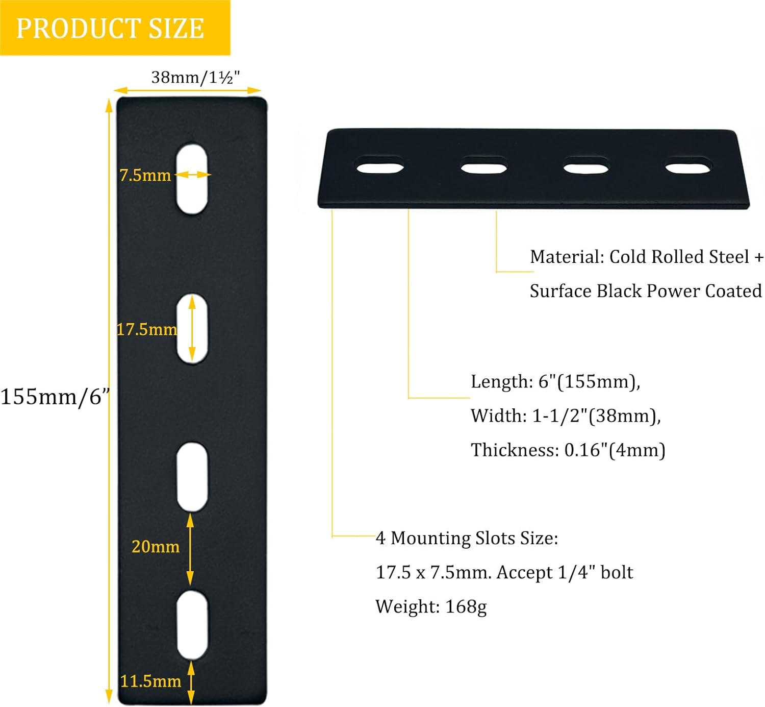 10 Pack Flat Straight Metal Braces 6 Inch Black Repair Plates