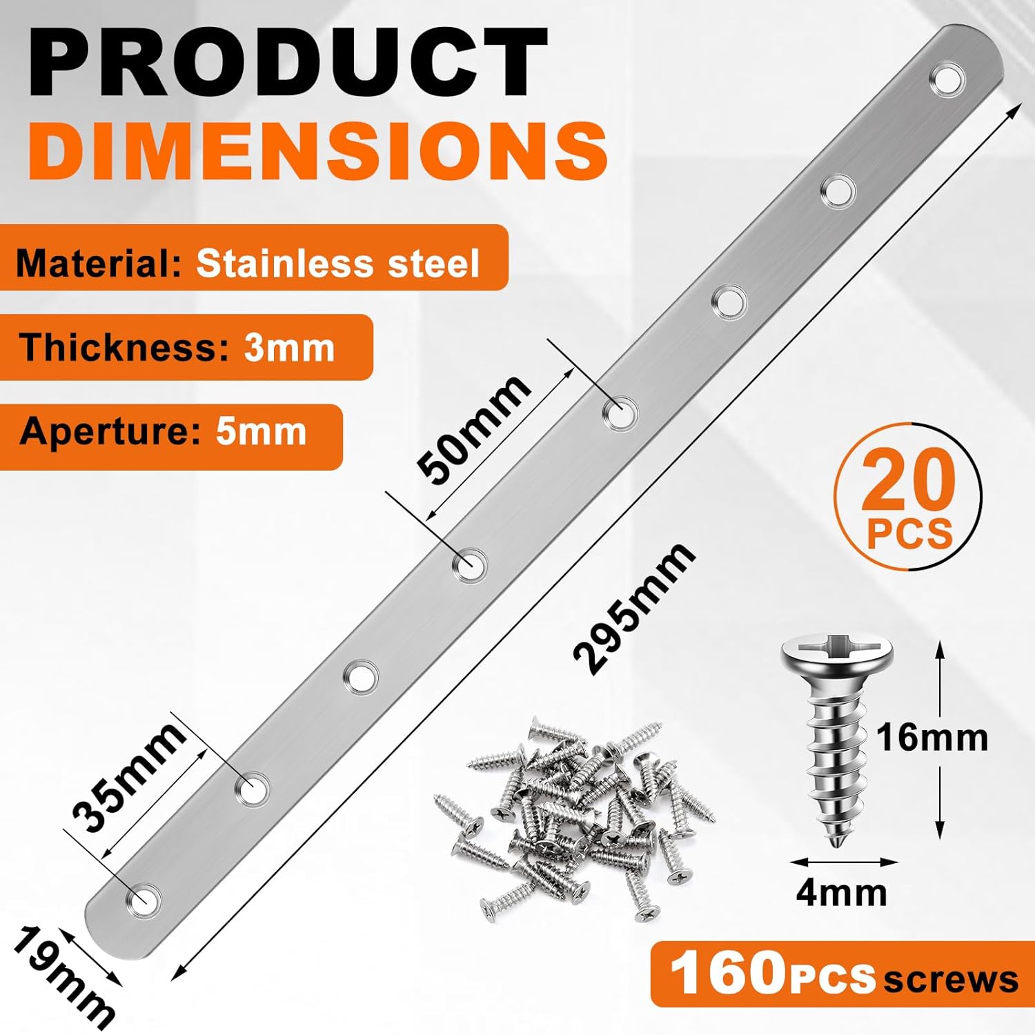 Zonon 20-Piece Flat Mending Plate Set Stainless Steel Durable Rust-Resistant