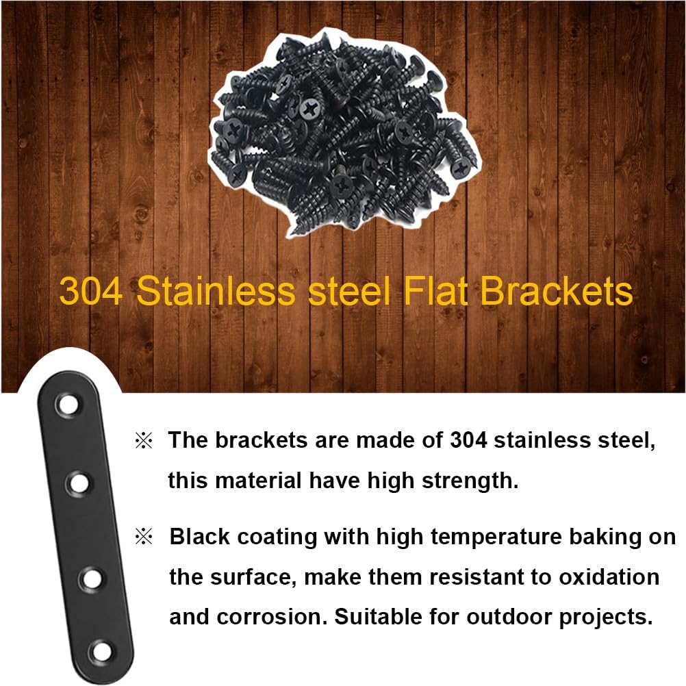 24Pcs Black Stainless Steel Flat Brace Plates with Screws