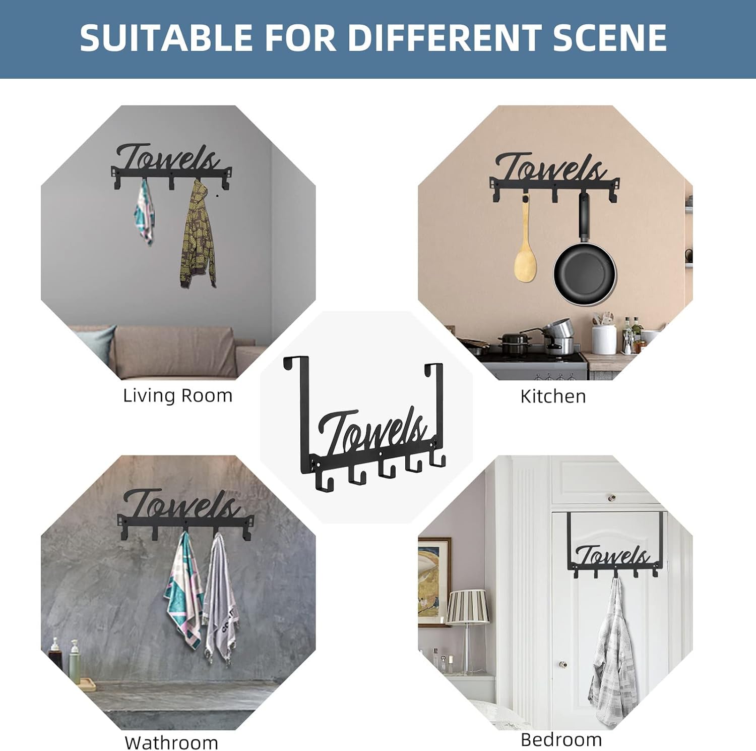 Space-Saving Over-Door Towel Rack with 5 Hooks