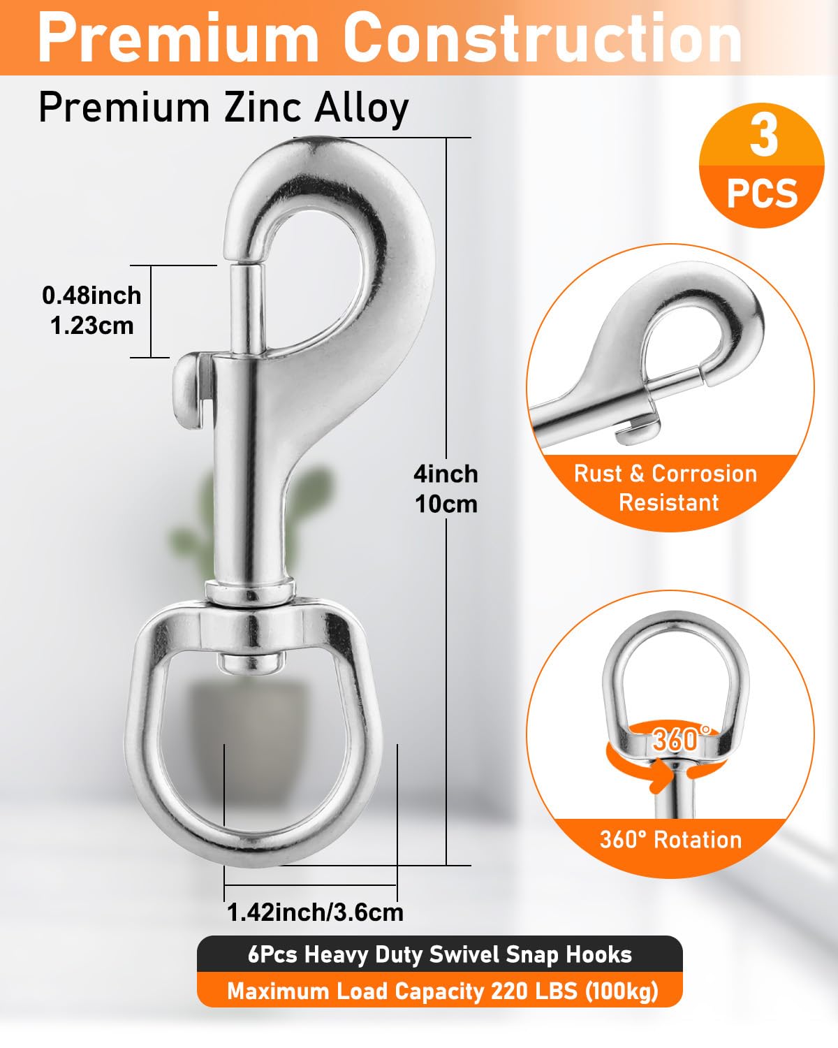 ZORUNNA Swivel Bolt Snap Hooks 3-Pack 220Lbs