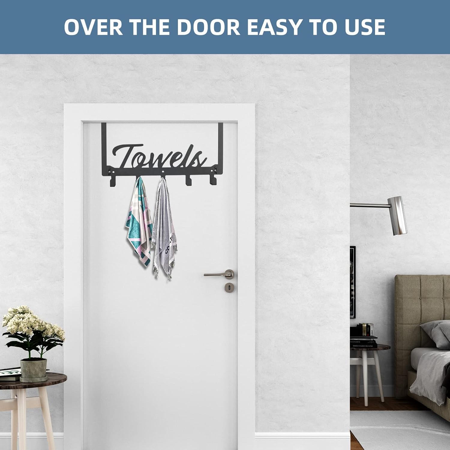 Space-Saving Over-Door Towel Rack with 5 Hooks