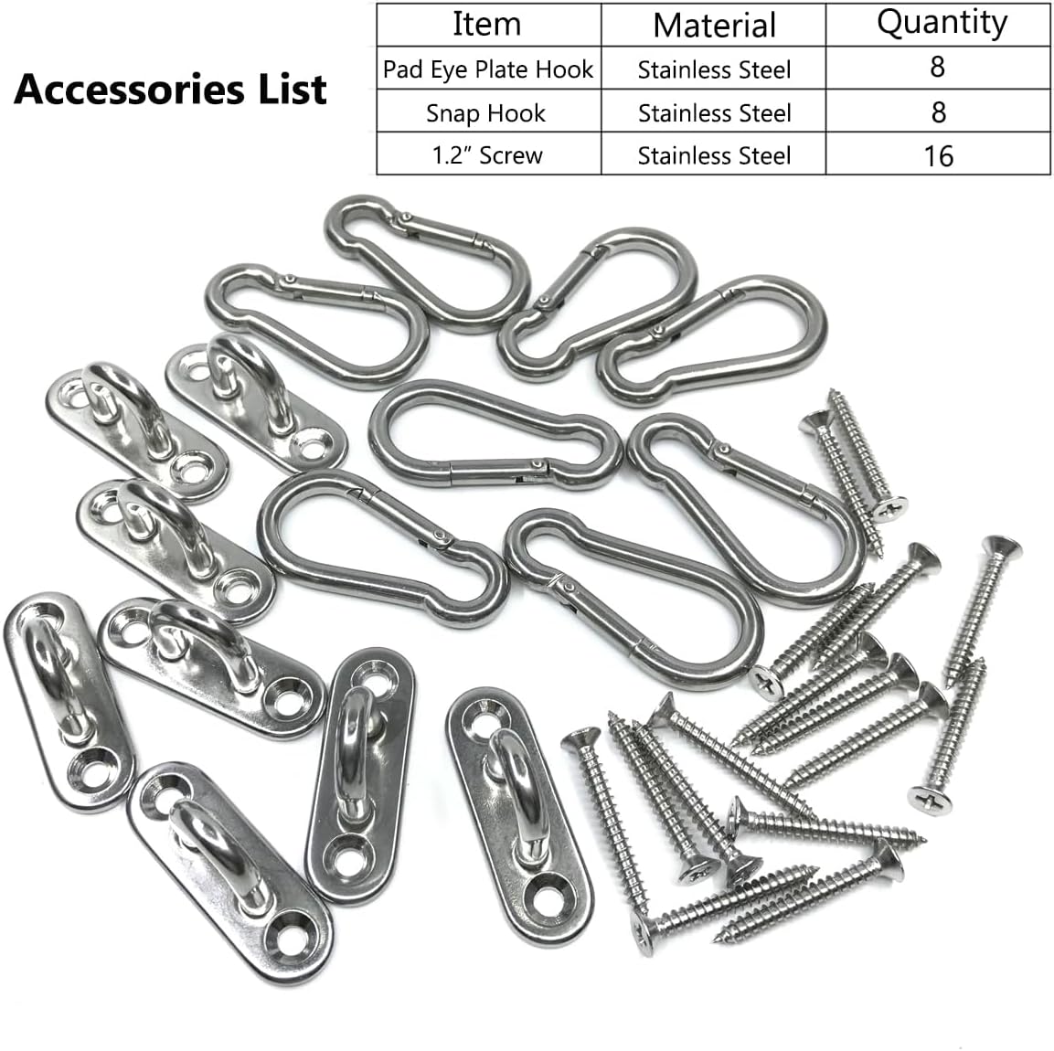 8Pcs 304 Stainless Steel Pad Eye and Snap Hooks with Screws Anchors