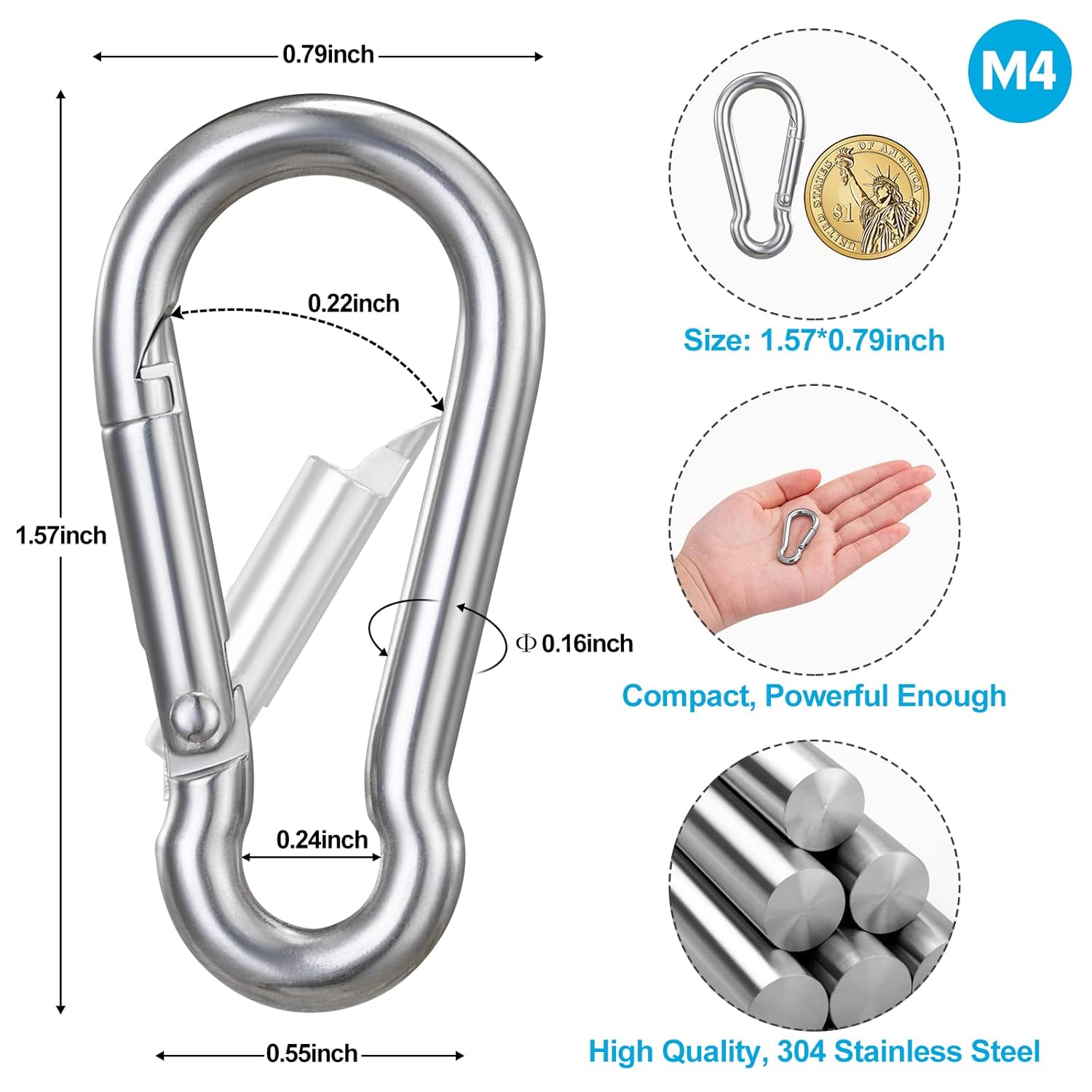 10-Piece Stainless Steel Carabiner Clips for Keys and Hiking