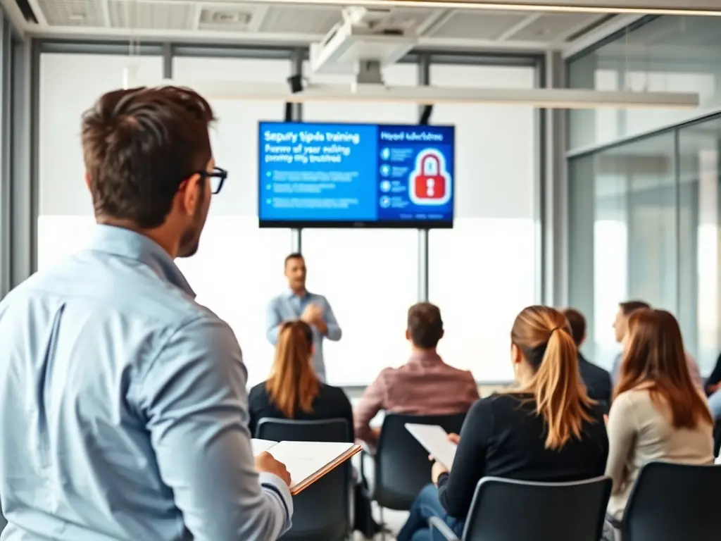 A consultant leading a workshop on cybersecurity best practices, educating employees on threat detection and prevention.