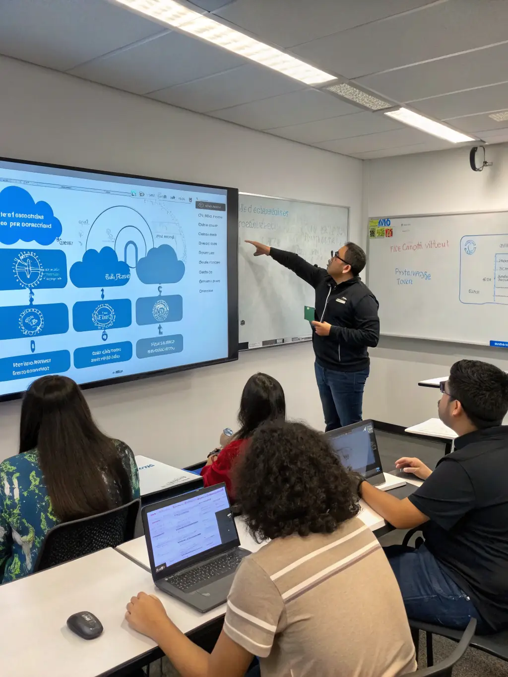 A consultant is leading a workshop on cloud computing solutions, guiding participants through the benefits and implementation strategies.